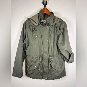 Made By Johnny Army Green Utility Jacket L Cotton Removable Hood Roll Tab Sleeve